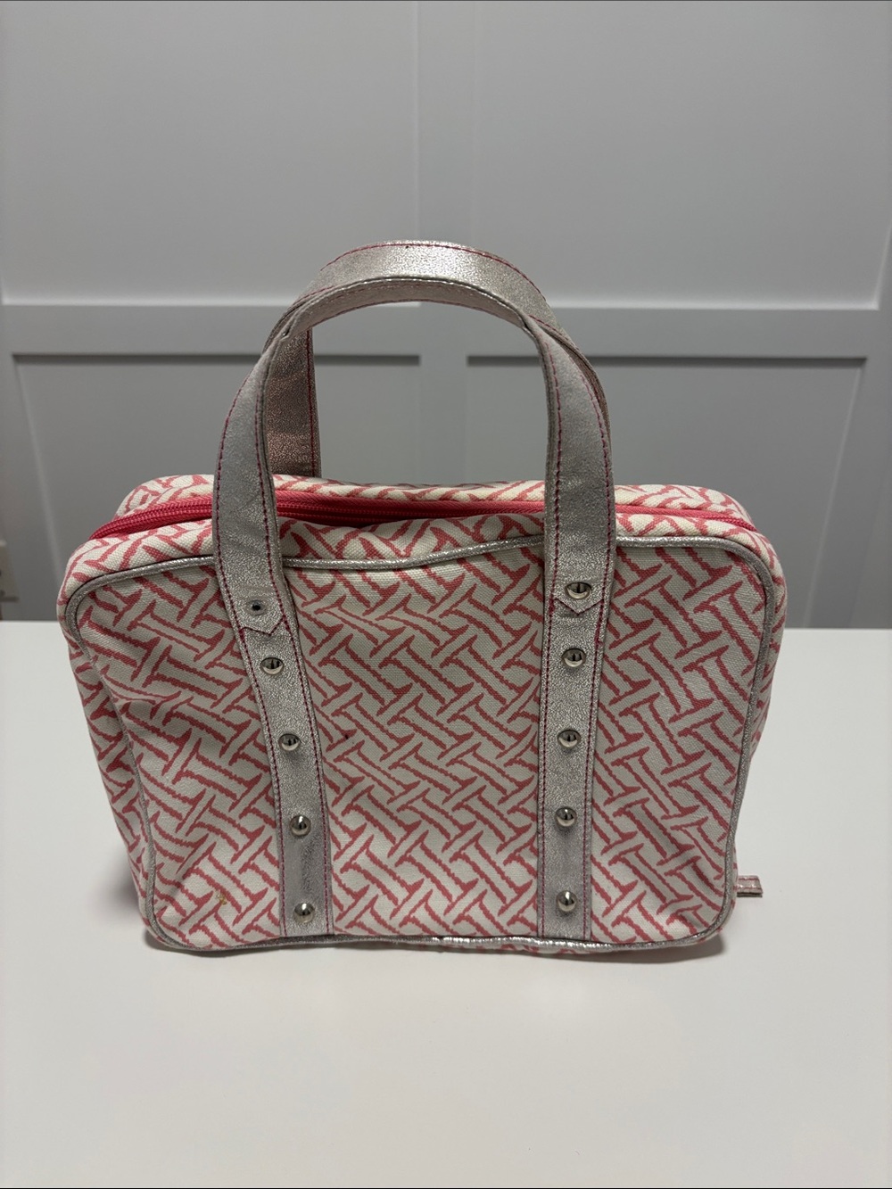 Pink Patterned Large Cosmetic Tote with Silver Handles